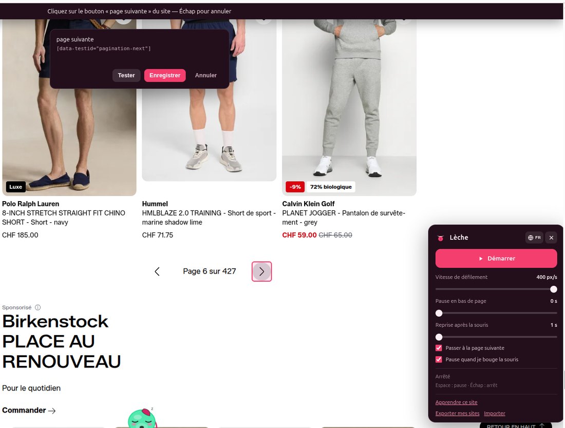 Le mode apprentissage : un bandeau invite à cliquer sur le bouton page suivante du site, et une fenêtre affiche le sélecteur retenu avec les boutons Tester, Enregistrer et Annuler.