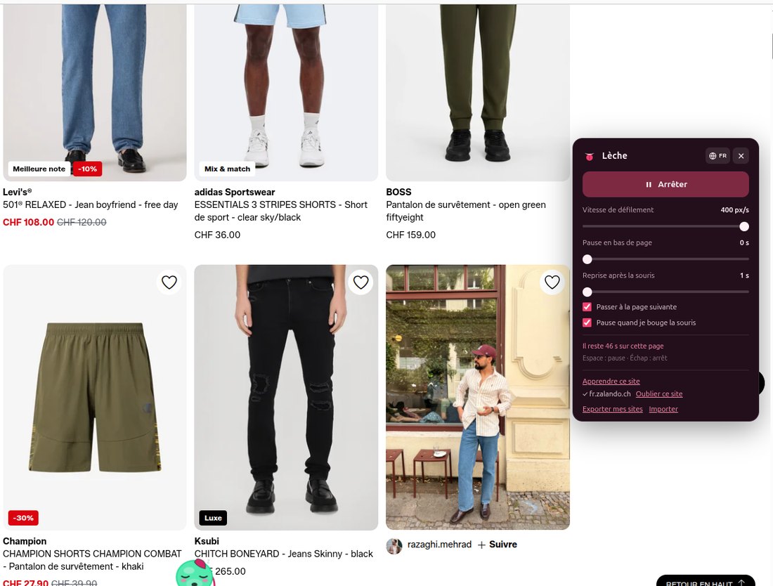 Le panneau de Lèche ouvert sur un catalogue de vêtements, indiquant le temps restant sur la page.